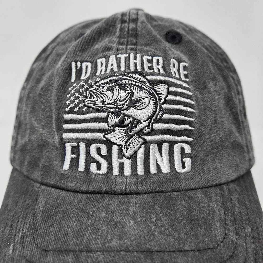 I'd Rather Be Fishing Men's Cap Hat Black Distressed Gray Adjustable